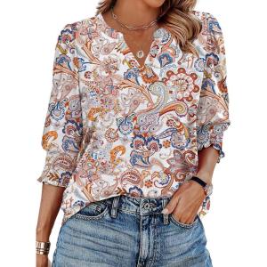 Zeagoo 3/4 Length Sleeve Womens Tops 2025 Floral Womens Blouses V Neck TunicTops with Smocked Cuffs(Print-1)