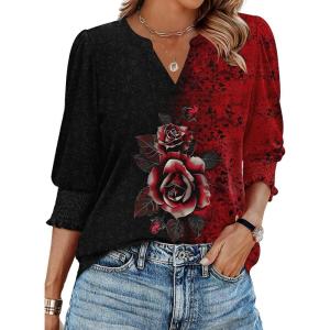 Zeagoo 3/4 Length Sleeve Womens Tops 2025 Floral Womens Blouses V Neck TunicTops with Smocked Cuffs(Print-309)