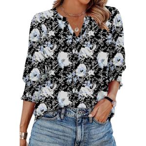 Zeagoo 3/4 Length Sleeve Womens Tops 2025 Floral Womens Blouses V Neck TunicTops with Smocked Cuffs(Print-506)