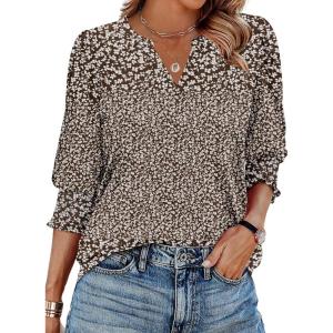 Zeagoo 3/4 Length Sleeve Womens Tops 2025 Floral Womens Blouses V Neck TunicTops with Smocked Cuffs(Print-517)