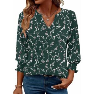 Zeagoo 3/4 Length Sleeve Womens Tops 2025 Floral Womens Blouses V Neck TunicTops with Smocked Cuffs(Print-bf320)