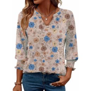 Zeagoo 3/4 Length Sleeve Womens Tops 2025 Floral Womens Blouses V Neck TunicTops with Smocked Cuffs(Print-sf170)