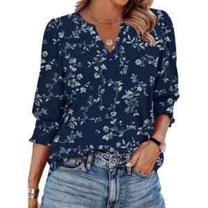Zeagoo 3/4 Length Sleeve Womens Tops 2025 Floral Womens Blouses V Neck TunicTops with Smocked Cuffs(Print-sf218)