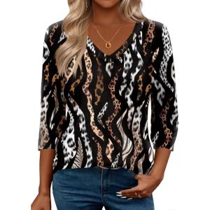 Zeagoo 3/4 Length Sleeve Womens Tops Casual V Neck Shirts Soft Basic Tees Business Work Blouses(Black Leopard)