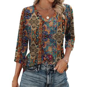 Zeagoo 3/4 Length Sleeve Womens Tops Casual V Neck Shirts Soft Basic Tees Business Work Blouses(Brown Bohemian)