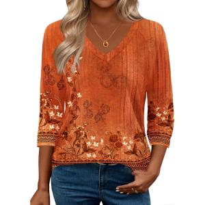Zeagoo 3/4 Length Sleeve Womens Tops Casual V Neck Shirts Soft Basic Tees Business Work Blouses(Caremel Print)