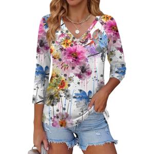 Zeagoo 3/4 Length Sleeve Womens Tops Casual V Neck Shirts Soft Basic Tees Business Work Blouses(Flower-wf50)