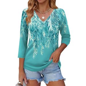 Zeagoo 3/4 Length Sleeve Womens Tops Casual V Neck Shirts Soft Basic Tees Business Work Blouses(Green-fp18)