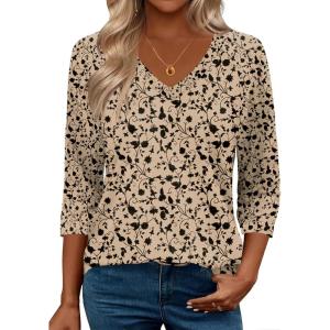 Zeagoo 3/4 Length Sleeve Womens Tops Casual V Neck Shirts Soft Basic Tees Business Work Blouses(Khaki Floral)