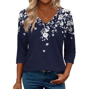 Zeagoo 3/4 Length Sleeve Womens Tops Casual V Neck Shirts Soft Basic Tees Business Work Blouses(White Flower_sf103)