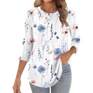 Zeagoo 3/4 Length Sleeve Womens Tops Crew Neck Loose Fit Shirts Pleated Cute Clothes Dressy Casual 2026 Summer Tunics(Bf290)