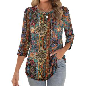 Zeagoo 3/4 Length Sleeve Womens Tops Crew Neck Loose Fit Shirts Pleated Cute Clothes Dressy Casual 2026 Summer Tunics(Mz721)