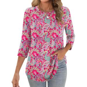 Zeagoo 3/4 Length Sleeve Womens Tops Crew Neck Loose Fit Shirts Pleated Cute Clothes Dressy Casual 2026 Summer Tunics(Mz750)