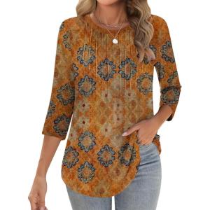 Zeagoo 3/4 Length Sleeve Womens Tops Crew Neck Loose Fit Shirts Pleated Cute Clothes Dressy Casual 2026 Summer Tunics(Mz836)