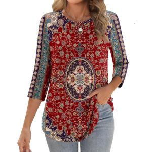 Zeagoo 3/4 Length Sleeve Womens Tops Crew Neck Loose Fit Shirts Pleated Cute Clothes Dressy Casual 2026 Summer Tunics(Mz870)