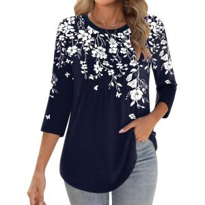 Zeagoo 3/4 Length Sleeve Womens Tops Crew Neck Loose Fit Shirts Pleated Cute Clothes Dressy Casual 2026 Summer Tunics(Sf103)