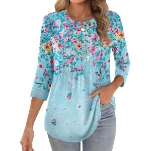 Zeagoo 3/4 Length Sleeve Womens Tops Crew Neck Loose Fit Shirts Pleated Cute Clothes Dressy Casual 2026 Summer Tunics(Wf72)