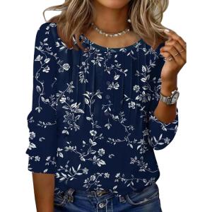 Zeagoo 3/4 Length Sleeve Womens Tops Round Neck Casual Summer Tunic Tops Basic Tees Blouses Dressy T-Shirts Pleated Shirts(02 Navy Floral)