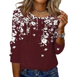 Zeagoo 3/4 Length Sleeve Womens Tops Round Neck Casual Summer Tunic Tops Basic Tees Blouses Dressy T-Shirts Pleated Shirts(02 Red)