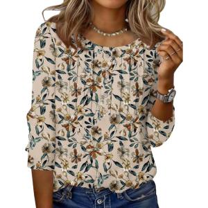 Zeagoo 3/4 Length Sleeve Womens Tops Round Neck Casual Summer Tunic Tops Basic Tees Blouses Dressy T-Shirts Pleated Shirts(Apricot)