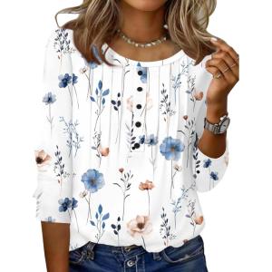 Zeagoo 3/4 Length Sleeve Womens Tops Round Neck Casual Summer Tunic Tops Basic Tees Blouses Dressy T-Shirts Pleated Shirts(A-white)