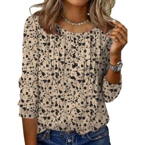 Zeagoo 3/4 Length Sleeve Womens Tops Round Neck Casual Summer Tunic Tops Basic Tees Blouses Dressy T-Shirts Pleated Shirts(Beige)