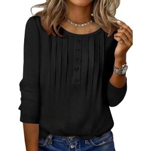 Zeagoo 3/4 Length Sleeve Womens Tops Round Neck Casual Summer Tunic Tops Basic Tees Blouses Dressy T-Shirts Pleated Shirts(Black)
