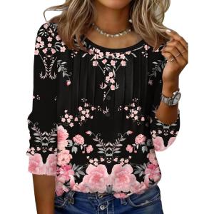 Zeagoo 3/4 Length Sleeve Womens Tops Round Neck Casual Summer Tunic Tops Basic Tees Blouses Dressy T-Shirts Pleated Shirts(Black-pink)