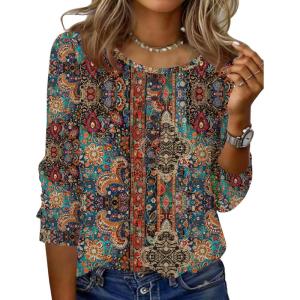 Zeagoo 3/4 Length Sleeve Womens Tops Round Neck Casual Summer Tunic Tops Basic Tees Blouses Dressy T-Shirts Pleated Shirts(Brown)