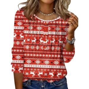 Zeagoo 3/4 Length Sleeve Womens Tops Round Neck Casual Summer Tunic Tops Basic Tees Blouses Dressy T-Shirts Pleated Shirts(Christmas Print)