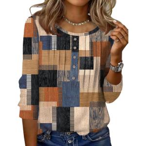 Zeagoo 3/4 Length Sleeve Womens Tops Round Neck Casual Summer Tunic Tops Basic Tees Blouses Dressy T-Shirts Pleated Shirts(Geometric Color Block)