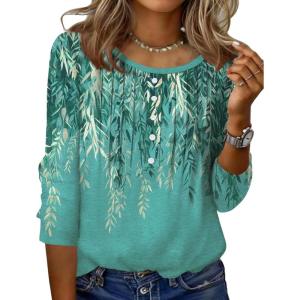 Zeagoo 3/4 Length Sleeve Womens Tops Round Neck Casual Summer Tunic Tops Basic Tees Blouses Dressy T-Shirts Pleated Shirts(Green)