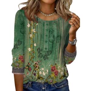 Zeagoo 3/4 Length Sleeve Womens Tops Round Neck Casual Summer Tunic Tops Basic Tees Blouses Dressy T-Shirts Pleated Shirts(Green-yellow)