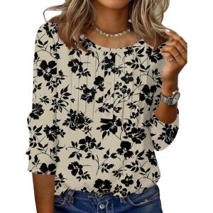 Zeagoo 3/4 Length Sleeve Womens Tops Round Neck Casual Summer Tunic Tops Basic Tees Blouses Dressy T-Shirts Pleated Shirts(Off-white)
