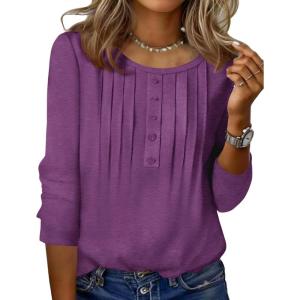 Zeagoo 3/4 Length Sleeve Womens Tops Round Neck Casual Summer Tunic Tops Basic Tees Blouses Dressy T-Shirts Pleated Shirts(Purple)