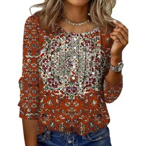 Zeagoo 3/4 Length Sleeve Womens Tops Round Neck Casual Summer Tunic Tops Basic Tees Blouses Dressy T-Shirts Pleated Shirts(Red)