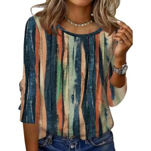 Zeagoo 3/4 Length Sleeve Womens Tops Round Neck Casual Summer Tunic Tops Basic Tees Blouses Dressy T-Shirts Pleated Shirts(Tie Dye)