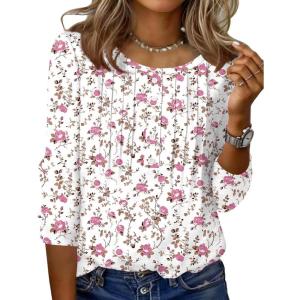 Zeagoo 3/4 Length Sleeve Womens Tops Round Neck Casual Summer Tunic Tops Basic Tees Blouses Dressy T-Shirts Pleated Shirts(White Pink)