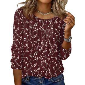 Zeagoo 3/4 Length Sleeve Womens Tops Round Neck Casual Summer Tunic Tops Basic Tees Blouses Dressy T-Shirts Pleated Shirts(Wine Red)