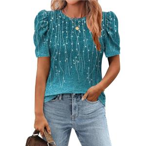 Zeagoo Blouse for Women Dressy Casual Puff Short Sleeve Boho Tops Fashion Floral Crew Neck Tunic Shirts Summer Clothes(A-xh363)