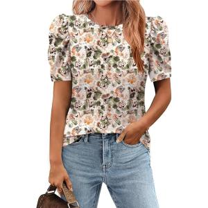 Zeagoo Blouse for Women Dressy Casual Puff Short Sleeve Boho Tops Fashion Floral Crew Neck Tunic Shirts Summer Clothes(Bf106)