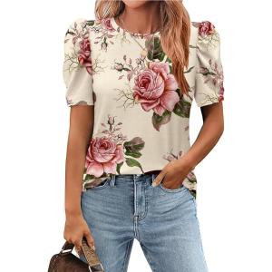 Zeagoo Blouse for Women Dressy Casual Puff Short Sleeve Boho Tops Fashion Floral Crew Neck Tunic Shirts Summer Clothes(Bf178)