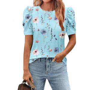 Zeagoo Blouse for Women Dressy Casual Puff Short Sleeve Boho Tops Fashion Floral Crew Neck Tunic Shirts Summer Clothes(Bf311)