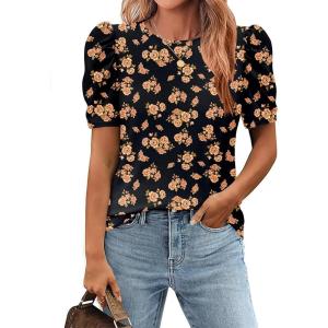Zeagoo Blouse for Women Dressy Casual Puff Short Sleeve Boho Tops Fashion Floral Crew Neck Tunic Shirts Summer Clothes(Bf352)