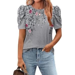 Zeagoo Blouse for Women Dressy Casual Puff Short Sleeve Boho Tops Fashion Floral Crew Neck Tunic Shirts Summer Clothes(Hf36)