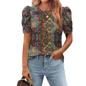 Zeagoo Blouse for Women Dressy Casual Puff Short Sleeve Boho Tops Fashion Floral Crew Neck Tunic Shirts Summer Clothes(Mz721)