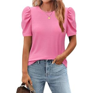 Zeagoo Blouse for Women Dressy Casual Puff Short Sleeve Boho Tops Fashion Floral Crew Neck Tunic Shirts Summer Clothes(Pink)