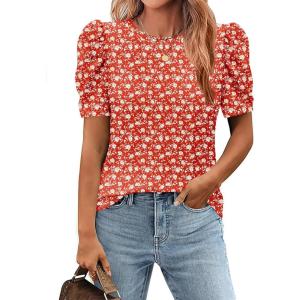 Zeagoo Blouse for Women Dressy Casual Puff Short Sleeve Boho Tops Fashion Floral Crew Neck Tunic Shirts Summer Clothes(Sf230)