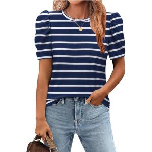 Zeagoo Blouse for Women Dressy Casual Puff Short Sleeve Boho Tops Fashion Floral Crew Neck Tunic Shirts Summer Clothes(Tw875)