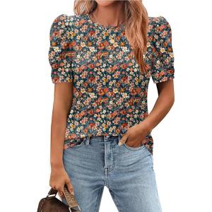 Zeagoo Blouse for Women Dressy Casual Puff Short Sleeve Boho Tops Fashion Floral Crew Neck Tunic Shirts Summer Clothes(Xh464)